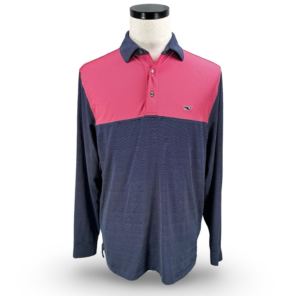Vineyard Vines Performance Polo Shirt Mens Medium Long Sleeve Pink Navy‎ Stripe
